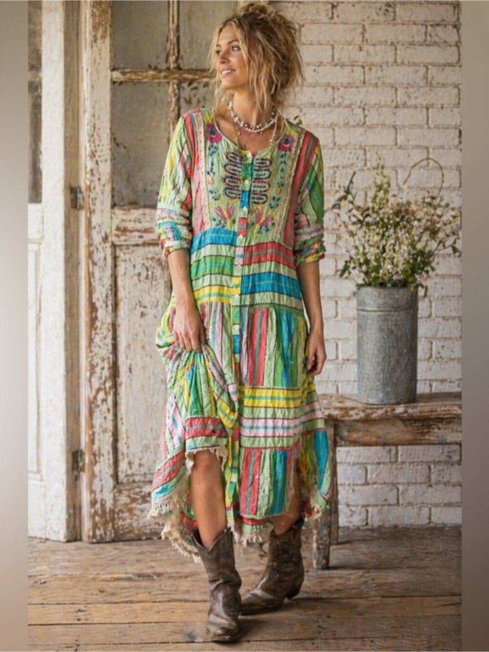 B&C Boho Patchwork Stripe Midi Dress Embroidered Sequin Size L